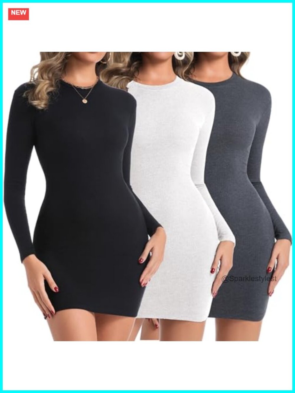 Women's Long Sleeve Bodycon Mini Dresses 3 Pack Stretchy Slim Fit